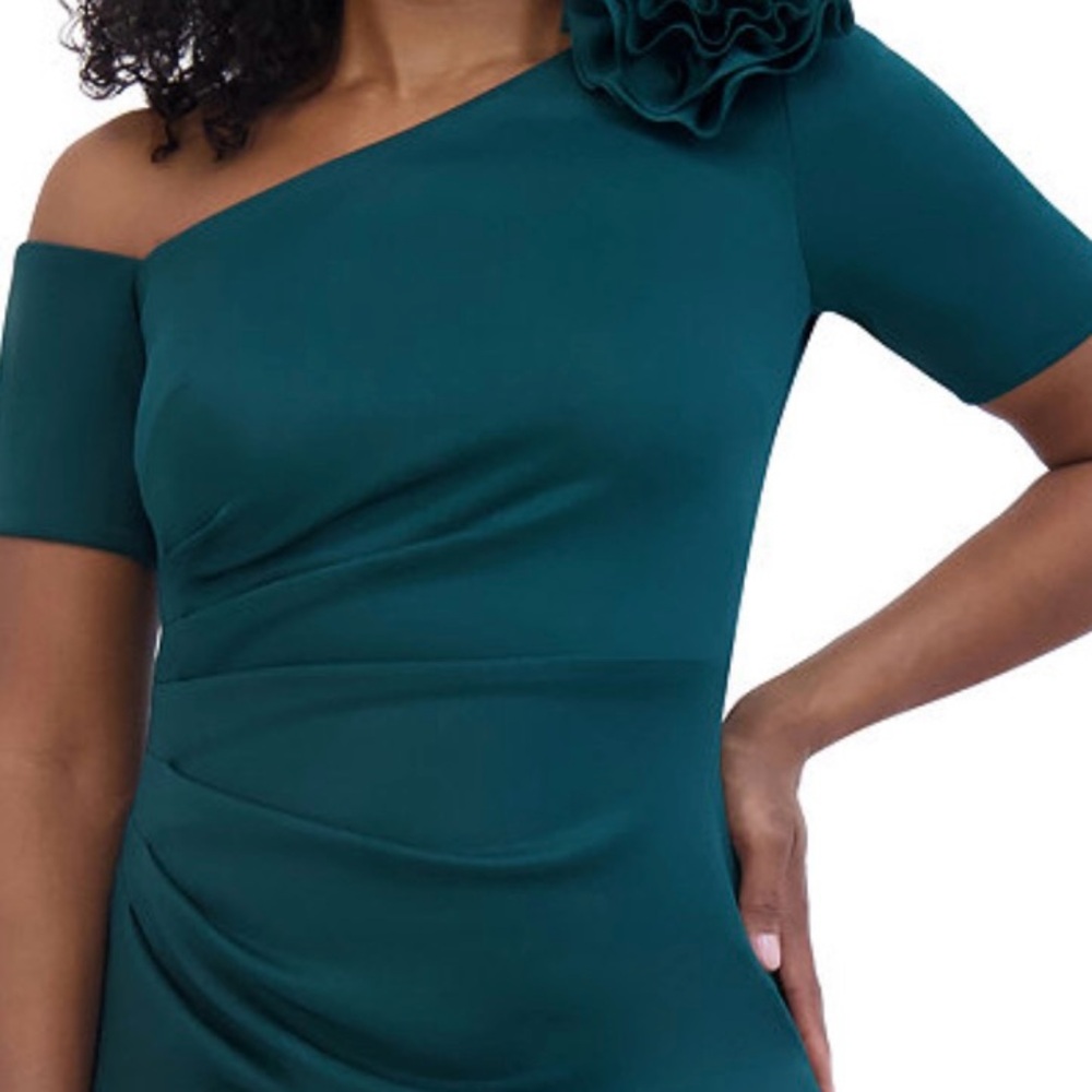 Jessica Howard Teal One-Shoulder Asymmetrical Dress with Floral Accent
